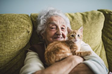 Idős néni egy vörös macskát tart a kezében